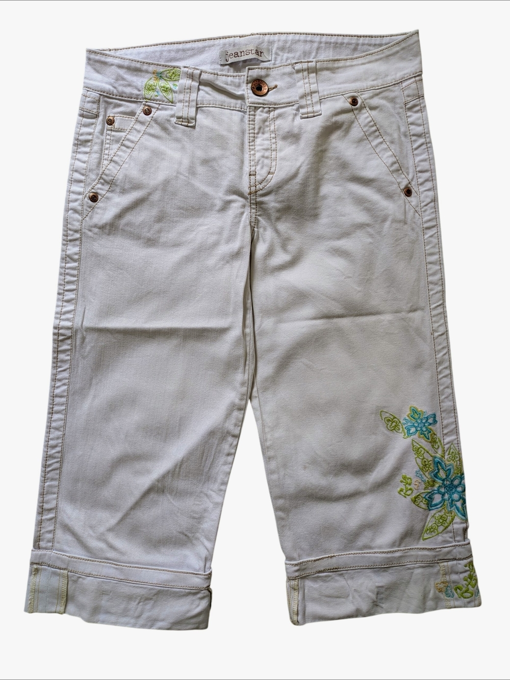 Jeanstar Y2K Cropped Women's Jeans with Blue & Green Floral Embroidery